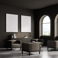 Two placards in dark brown waiting room with the view from corner