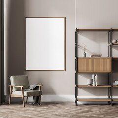 Poster in the beige waiting room with bookshelf, armchair