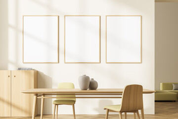 Three banners with living room interior in the light yellow studio