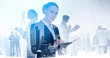 Silhouettes of business people who are working with documents. Panoramic New York city view with downtown skyscrapers. Law firm and corporate lifestyle concept. Double exposure