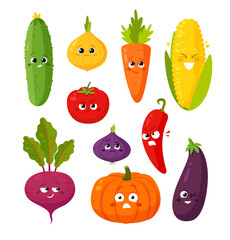 Cute cartoon vegetable characters isolated vector illustrator. Set of funny summer harvest  