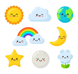 Vector set of kawaii baby sun, cute star, rainbow, moon, flower and clouds isolated from white. Set of funny cartoon kawaii characters for stickers or badges for kid