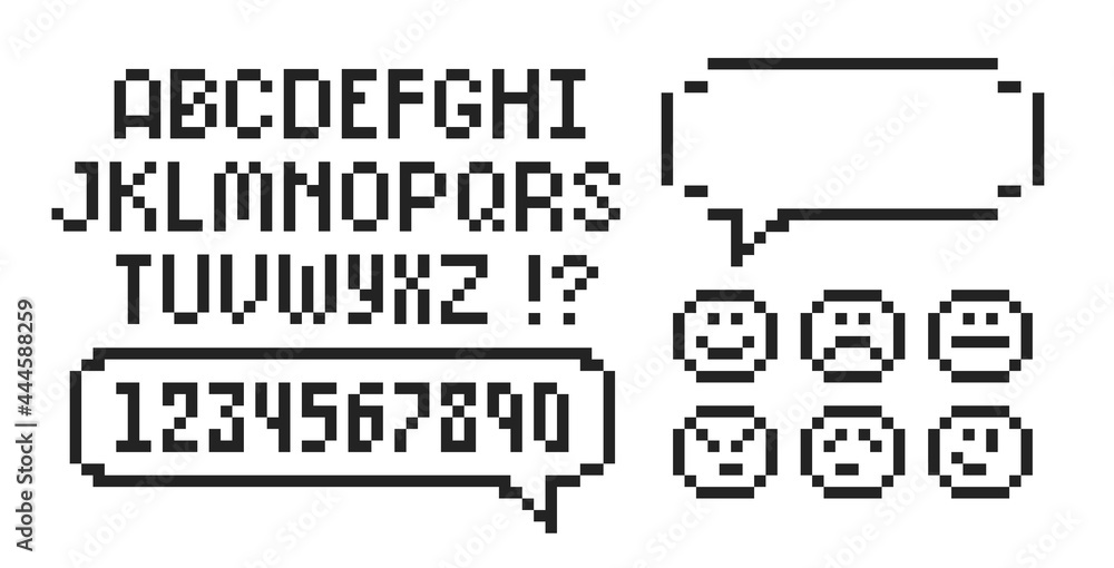 Poster pixel art 8 bit simple type font with speech bubble template isolated on white background. editable 