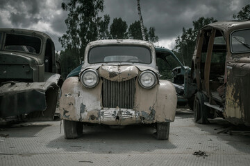Old rusty car in the abandoned car graveyard. Old shabby rusty car. Car graveyard.