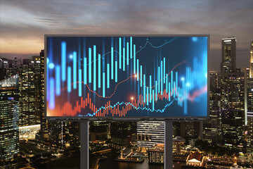 FOREX graph hologram on billboard, aerial night panoramic cityscape of Singapore. The developed...