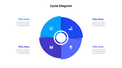 Cycle diagram with four options or steps. Slide for business presentation. Circle abstract element divided into 4 parts