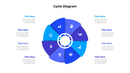 Cycle diagram with eight options or steps. Slide for business presentation. Circle abstract element divided into 8 parts