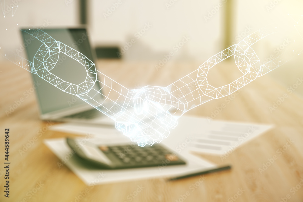 Poster double exposure of abstract virtual blockchain technology hologram with handshake on blurry calculat