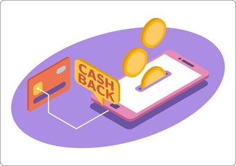 Phone mockup and cashback. Refund of interest from purchases to the card. Popular flat colors. Isomeric 3D vector illustration.