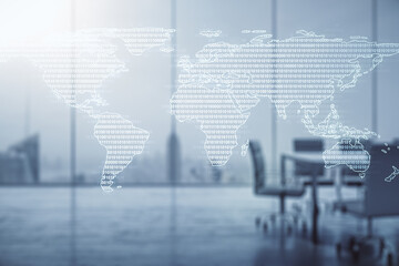 Fototapeta na wymiar Double exposure of abstract digital world map on a modern meeting room background, research and strategy concept