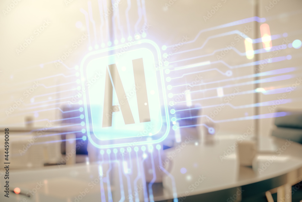 Poster double exposure of creative artificial intelligence icon on a modern meeting room background. neural