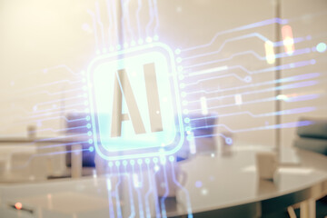 Double exposure of creative artificial Intelligence icon on a modern meeting room background. Neural networks and machine learning concept