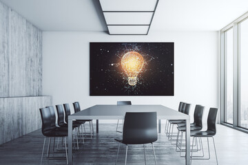 Creative light bulb hologram on presentation tv screen in a modern meeting room, research and development concept. 3D Rendering