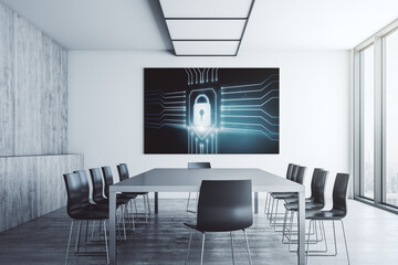 Creative lock sketch with chip hologram on presentation monitor in a modern boardroom, protection of personal data concept. 3D Rendering