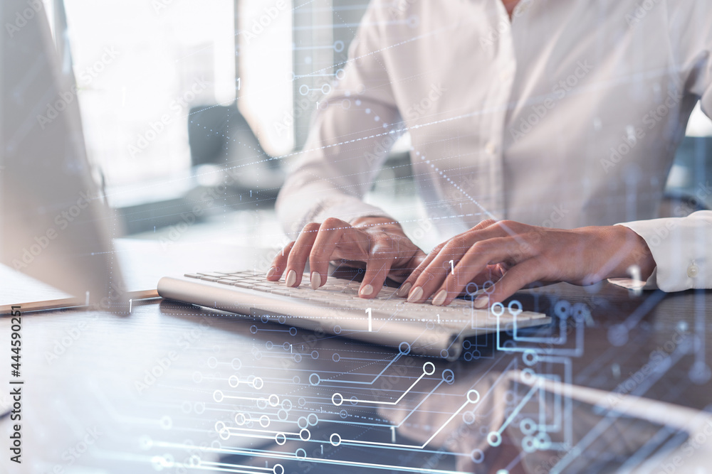 Poster woman typing the keyboard to create innovative software to change the world and provide a completely