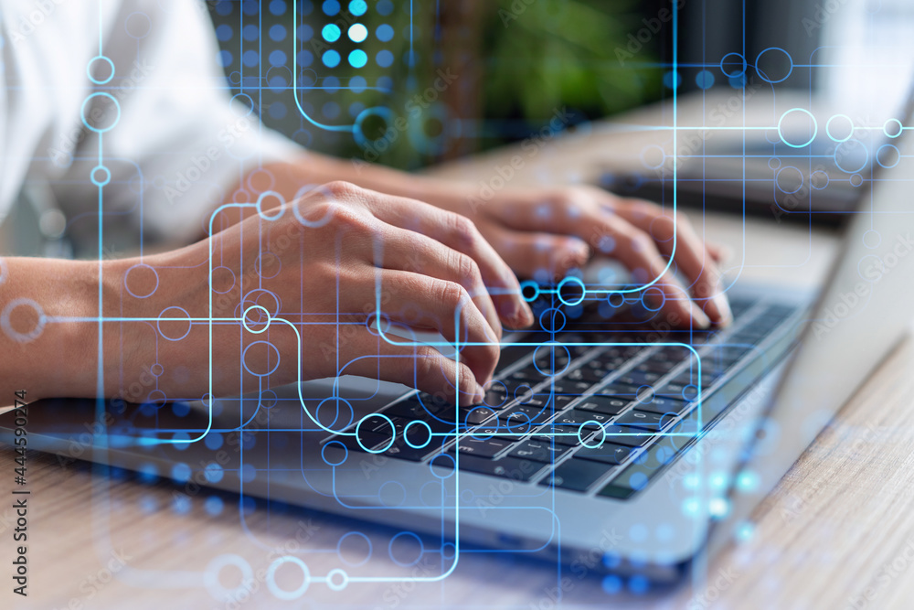 Poster woman typing the keyboard to create innovative software to change the world and provide a completely