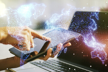 Multi exposure of abstract creative digital world map and finger presses on a digital tablet on background, tourism and traveling concept