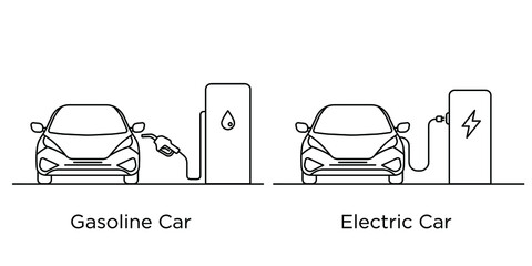 Gasoline Car vs Electric car. Vector black and white line drawing. Illustration. Line art. Ecology. Green City