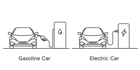 Gardinen Gasoline Car vs Electric car. Vector black and white line drawing. Illustration. Line art. Ecology. Green City © DashaKurinna