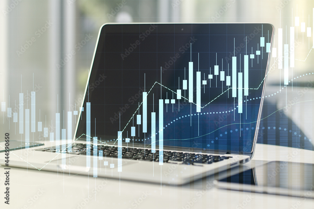 Poster multi exposure of abstract creative financial graph on modern computer background, forex and investm