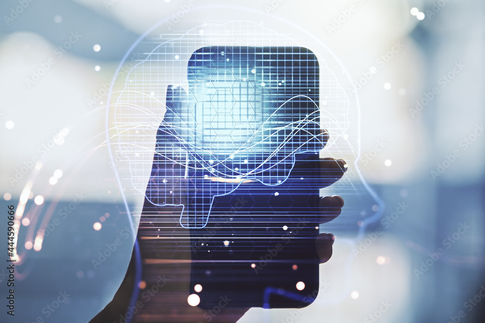 Poster double exposure of creative artificial intelligence symbol and hand with cell phone on background. n