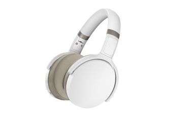 Silver metallic high-quality headphones on a white background. Stylish modern Headphone product photo. White big headphones with earmuffs for music sound. Close up macro