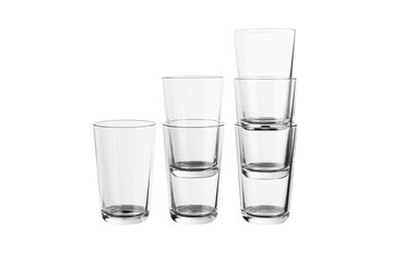 Set of six empty transparent glasses for water isolated on white background. Empty glass cup for...