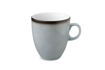 Blue shabby tea cup and saucer for drink isolated on white background. Ceramic coffee cup or mug close up. Mock-up classic porcelain utensils.