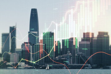 Multi exposure of abstract virtual financial graph hologram on San Francisco skyline background, forex and investment concept