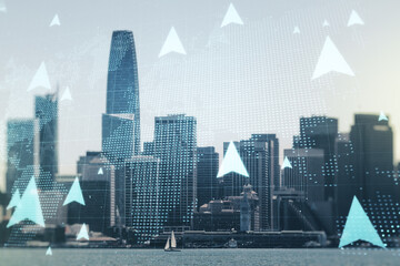 Abstract virtual geolocations map sketch on San Francisco office buildings background, GPS tracking and navigation concept. Double exposure