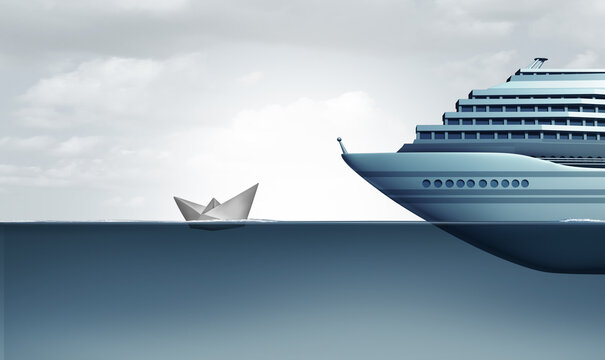 Cheap Cruise And Budget Vacation Concept With Paper Boat Compared To Huge Luxury Liner Ship Representing Low Price Cruises Or Inexpensive Vacations Or Economic Disparity And Rich And Poor Inequality