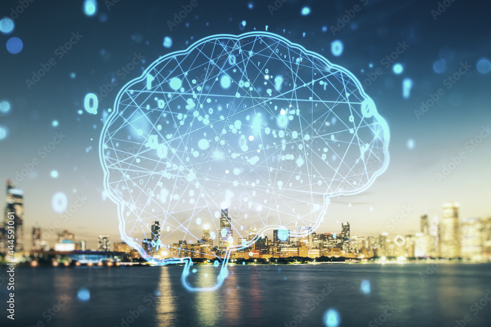 Poster double exposure of creative artificial intelligence interface on chicago city skyscrapers background