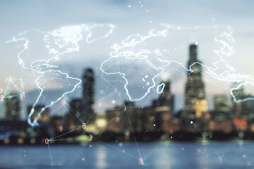 Double exposure of abstract digital world map hologram on blurry office buildings background, big data and blockchain concept