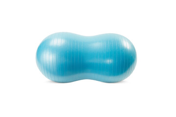Big long blue fitness ball isolated on white background. Pilates training ball. Fitball model for gymnastics exercises. Gym yoga ball similar to peanut