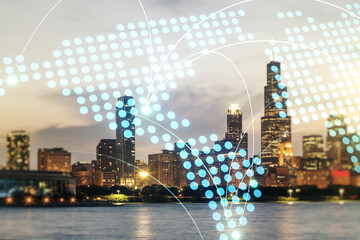 Fototapeta na wymiar Abstract virtual world map with connections on Chicago skyline background, international trading concept. Multiexposure