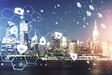 Abstract virtual medical sketch on Manhattan office buildings background. Medicine and healthcare concept. Multiexposure