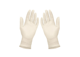 Two yellow surgical medical gloves isolated on white background with hands. Rubber glove...
