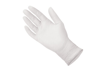 Medical nitrile gloves.Two white surgical gloves isolated on white background with hands. Rubber glove manufacturing, human hand is wearing a latex glove. Doctor or nurse putting on protective gloves - obrazy, fototapety, plakaty