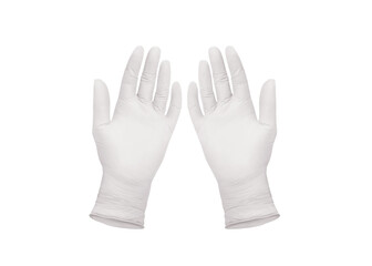 Medical nitrile gloves.Two white surgical gloves isolated on white background with hands. Rubber glove manufacturing, human hand is wearing a latex glove. Doctor or nurse putting on protective gloves