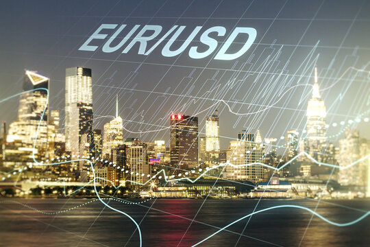 Double exposure of abstract virtual EURO USD forex chart hologram on New York city skyscrapers background. Banking and investing concept