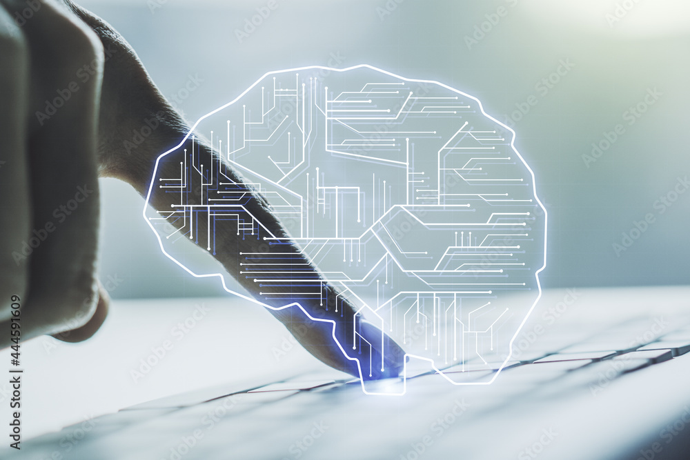 Poster double exposure of creative human brain microcircuit with hand typing on computer keyboard on backgr