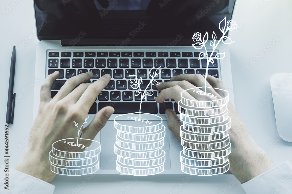 Aufkleber creative abstract money savings sketch and hands typing on computer keyboard on background, accumula