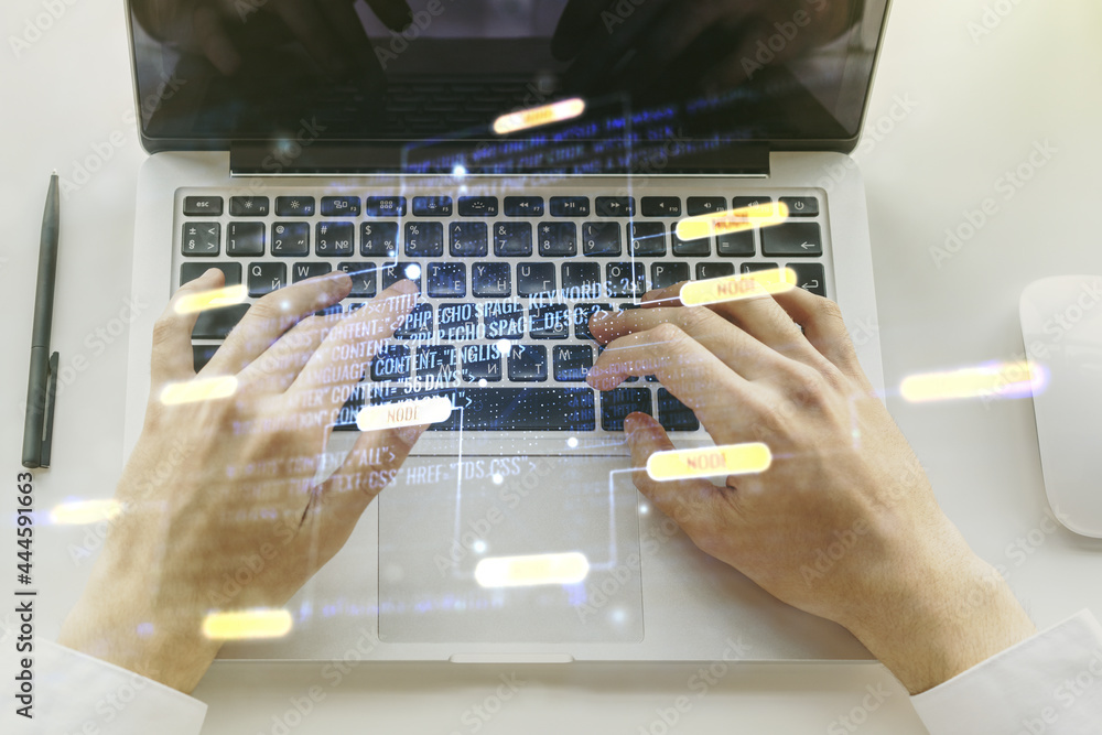 Aufkleber abstract creative coding illustration with hands typing on laptop on background, software developmen
