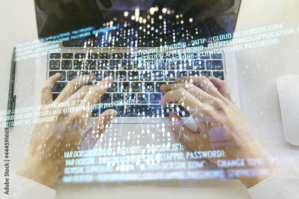Poster creative code skull sketch and hands typing on computer keyboard on background, theft of personal da