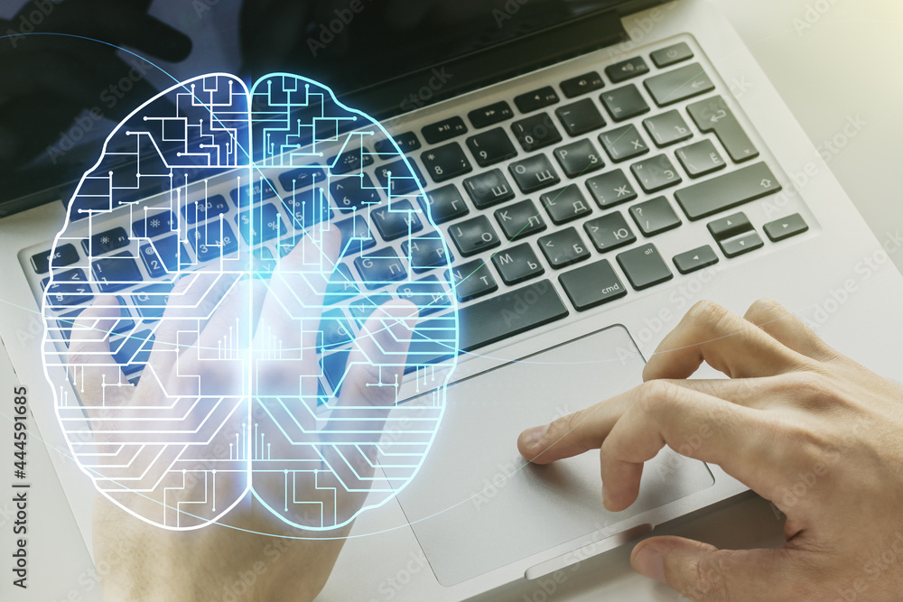 Poster double exposure of creative artificial intelligence symbol with hands typing on laptop on background