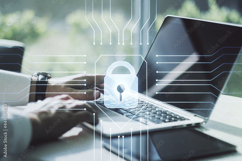 Poster creative lock illustration with microcircuit and hands typing on computer keyboard on background, cy