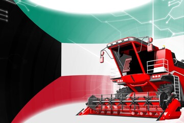 Obraz na płótnie Canvas Agriculture innovation concept, red advanced farm combine harvester on Kuwait flag - digital industrial 3D illustration
