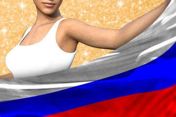 Fototapeta na wymiar cute girl holds Russia flag in front on the orange shining sparks background - flag concept 3d illustration
