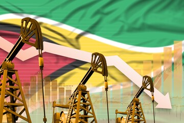 lowering down chart on Guyana flag background - industrial illustration of Guyana oil industry or market concept. 3D Illustration