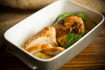 baked chicken fillet pieces with spices and herbs, in a ceramic form